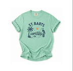 Mint green t-shirt with 'St. Barts' graphic design on a white background