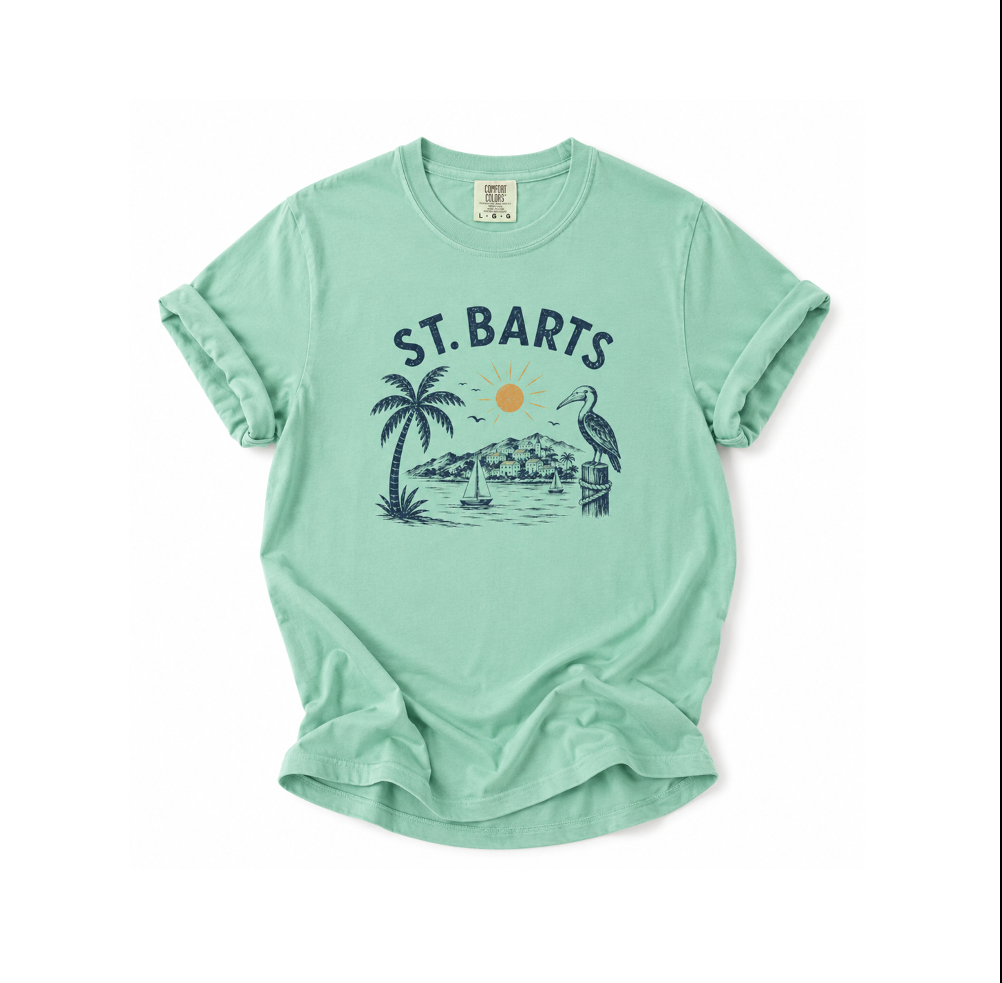 Mint green t-shirt with 'St. Barts' graphic design on a white background