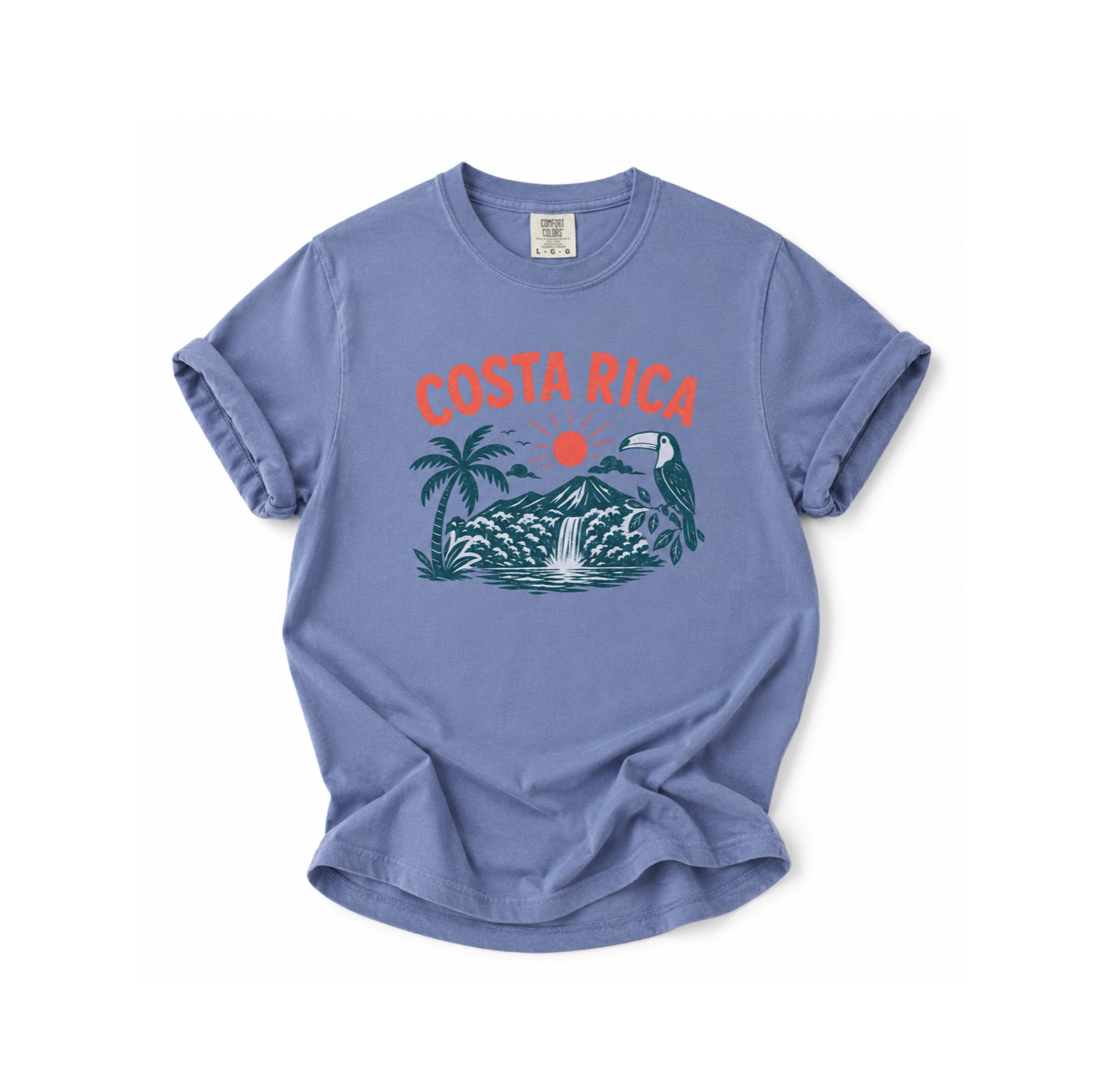 Blue t-shirt with 'Costa Rica' graphic design on a white background