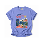 Purple t-shirt with 'Saint Tropez' design featuring a beach scene on a white background