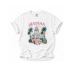White t-shirt with 'Havana Cuba' graphic design featuring a pink car and Capitol building.