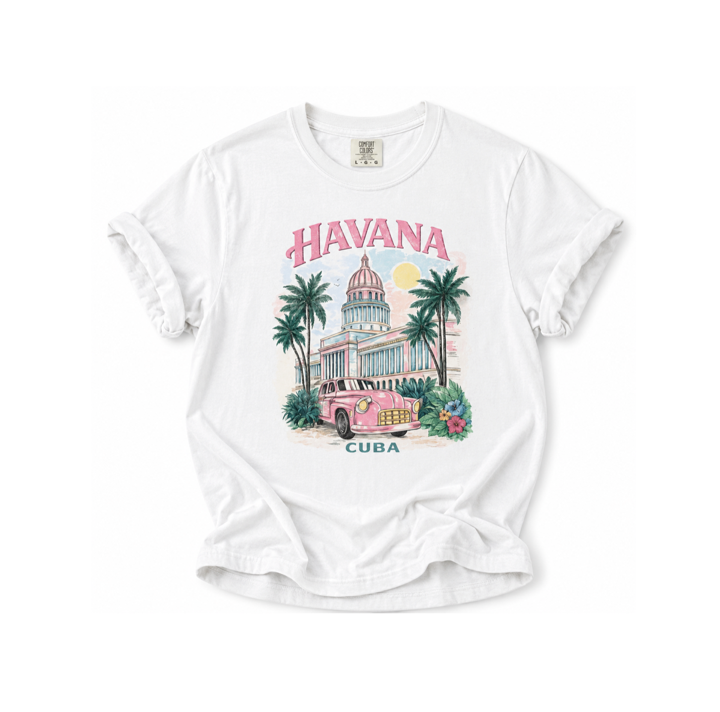 White t-shirt with 'Havana Cuba' graphic design featuring a pink car and Capitol building.