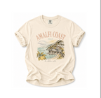 Beige t-shirt with 'Amalfi Coast, Italy' graphic design on a white background