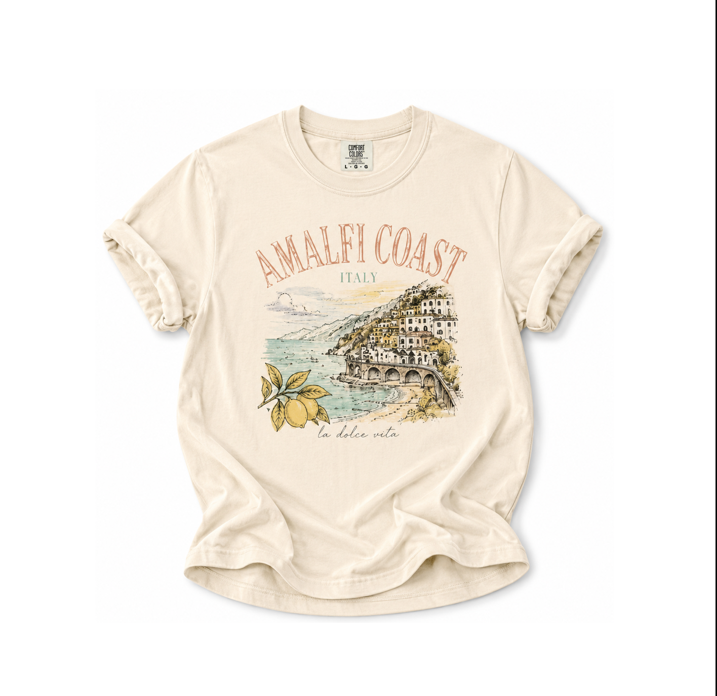 Beige t-shirt with 'Amalfi Coast, Italy' graphic design on a white background