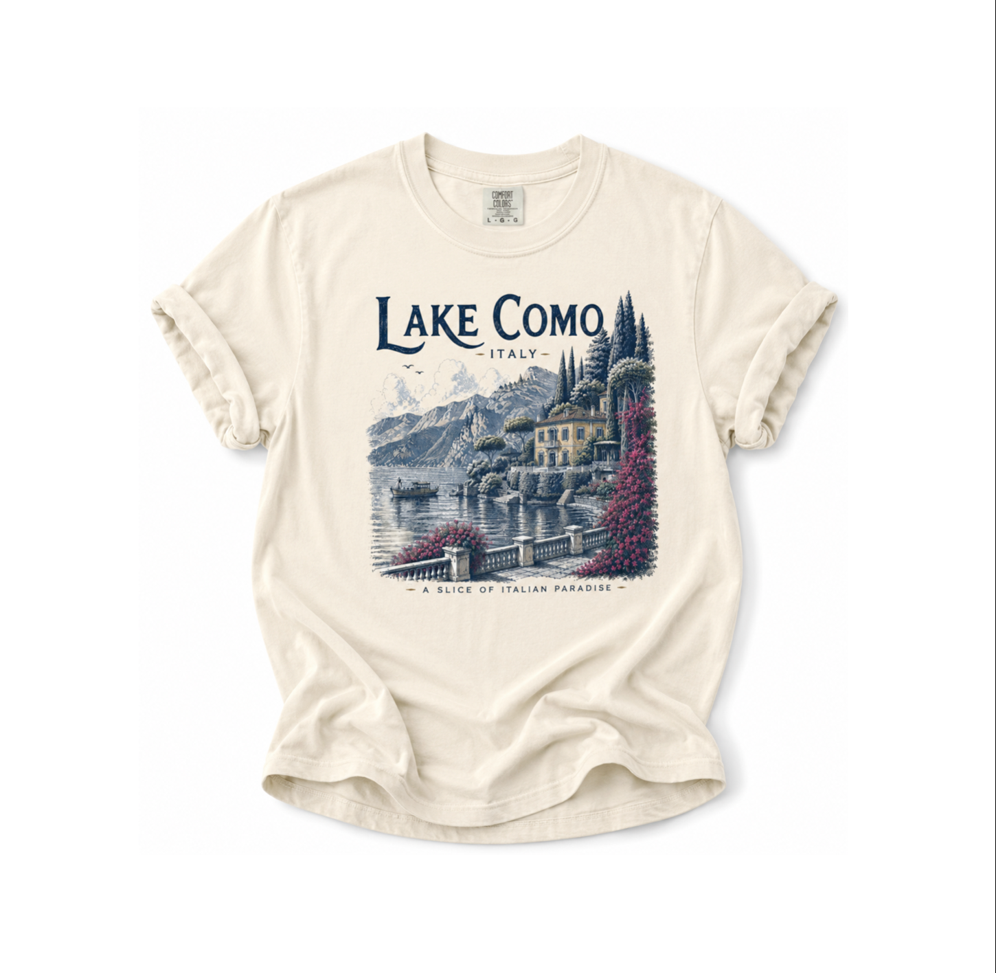 Beige t-shirt with 'Lake Como, Italy' graphic design on a white background