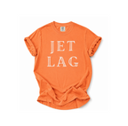Orange t-shirt with 'JET LAG' text on a white background