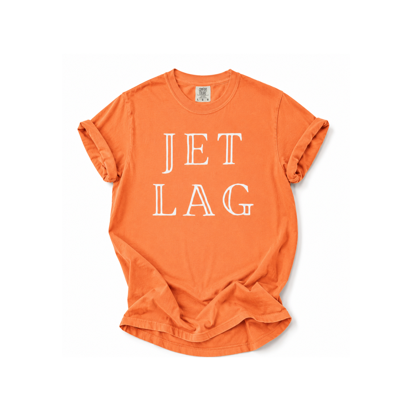 Orange t-shirt with 'JET LAG' text on a white background