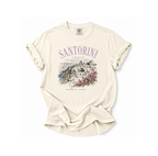 Beige t-shirt with Santorini graphic design on a white background