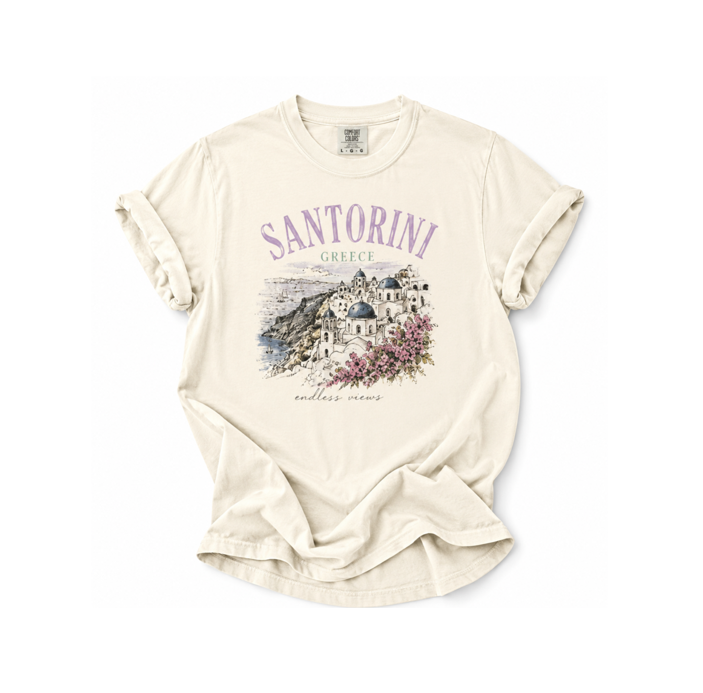 Beige t-shirt with Santorini graphic design on a white background