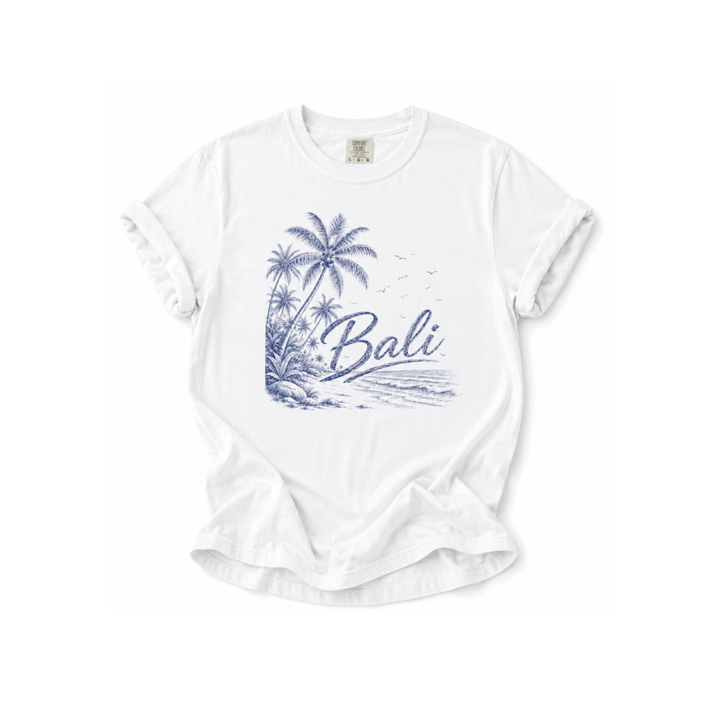 White t-shirt with blue palm tree design and 'Bali' text on a white background