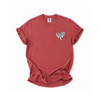 A dusty rose short-sleeve t-shirt with a small heart-shaped graphic on the left chest containing the word 'MAMA' in a black-and-white zebra print, laid flat on a white background.