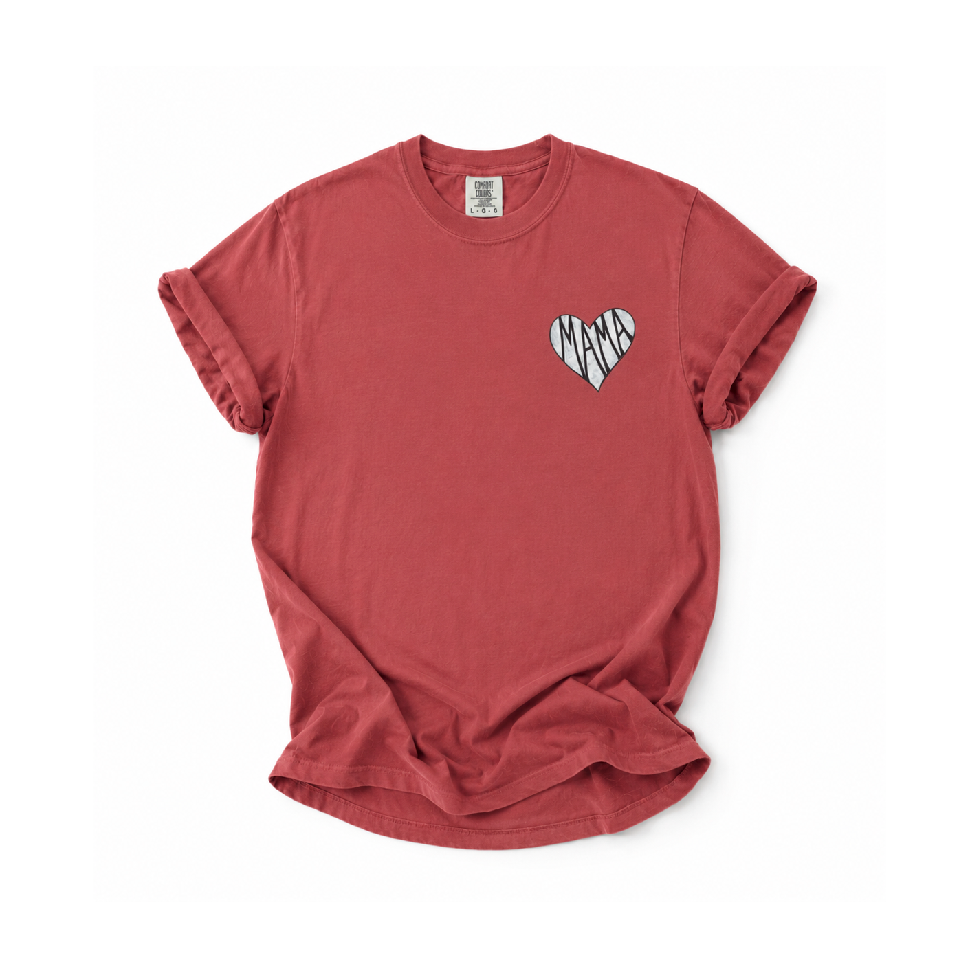 A dusty rose short-sleeve t-shirt with a small heart-shaped graphic on the left chest containing the word 'MAMA' in a black-and-white zebra print, laid flat on a white background.