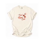 An off-white short-sleeve t-shirt with a red graphic on the chest that reads 'Cool Moms Club' alongside two hearts and a bow, displayed flat against a white background.