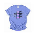 A light periwinkle blue short-sleeve t-shirt with a graphic of a black tic-tac-giresh pattern and three pink hearts, displayed flat against a white background.