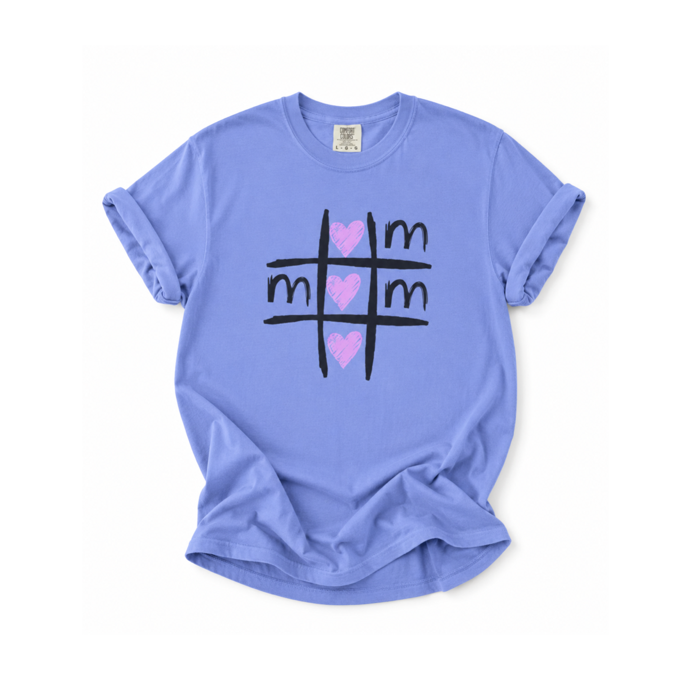 A light periwinkle blue short-sleeve t-shirt with a graphic of a black tic-tac-giresh pattern and three pink hearts, displayed flat against a white background.