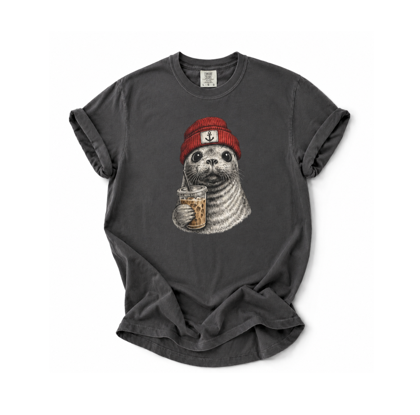 Seal in Beanie with Ice Coffee TShirt — Cute Seal Graphic T-Shirt