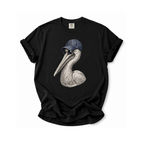 A black short-sleeve t-shirt with a graphic print of a pelican wearing a navy blue baseball cap, displayed on a clean white background.
