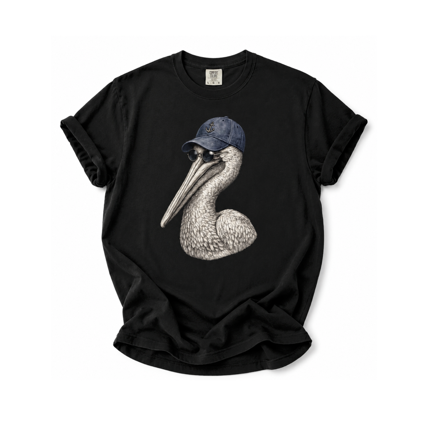 A black short-sleeve t-shirt with a graphic print of a pelican wearing a navy blue baseball cap, displayed on a clean white background.