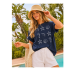 A woman wearing a navy blue t-shirt with white seashell and starfish graphics, styled with white shorts, a straw hat, and a woven bag, set against a sunny outdoor poolside background with palm trees.