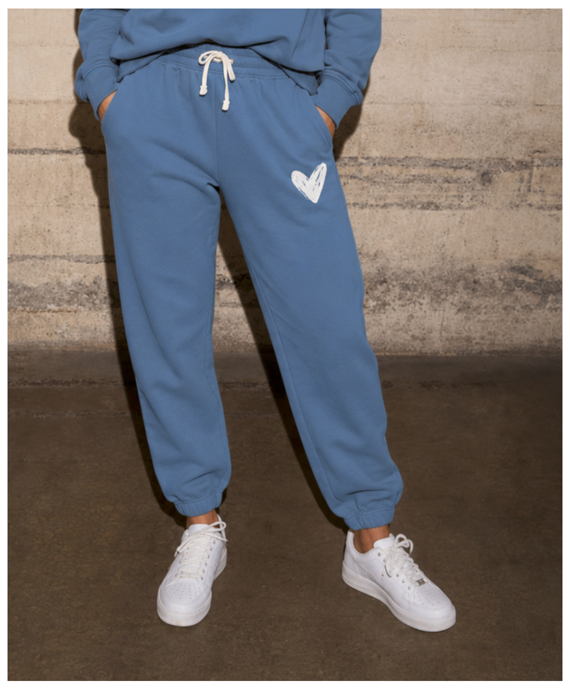 Heart Sketch Sweatpants  — Cozy Blue Joggers with White Sketched Heart- Loungewear