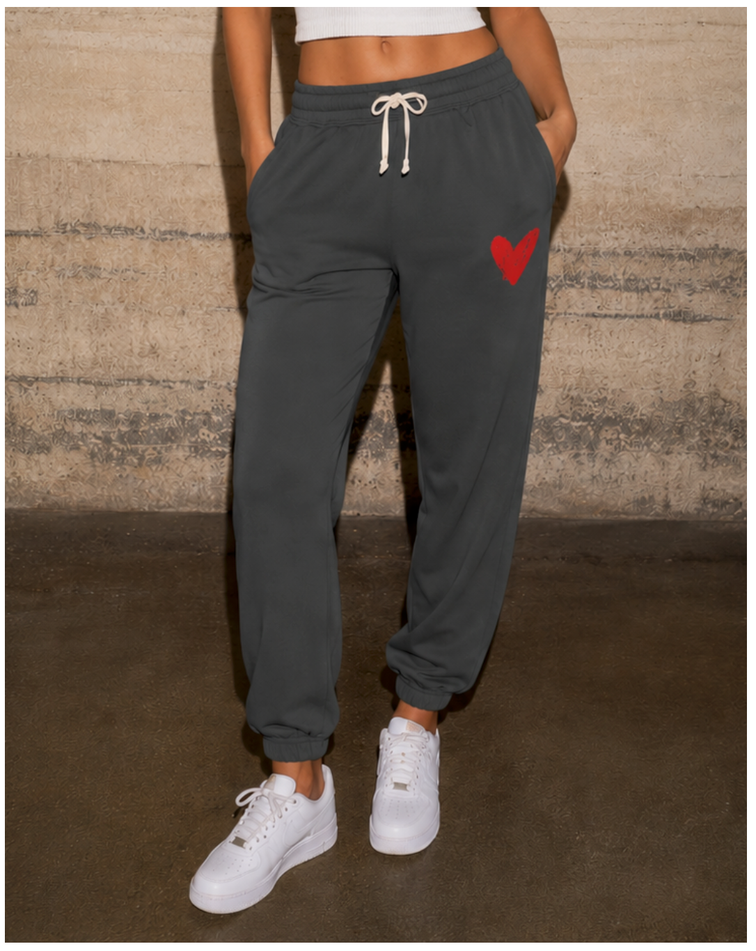 Sketched Heart Fleece Sweatpants- Sweatpants with a Red Heart- Loungewear