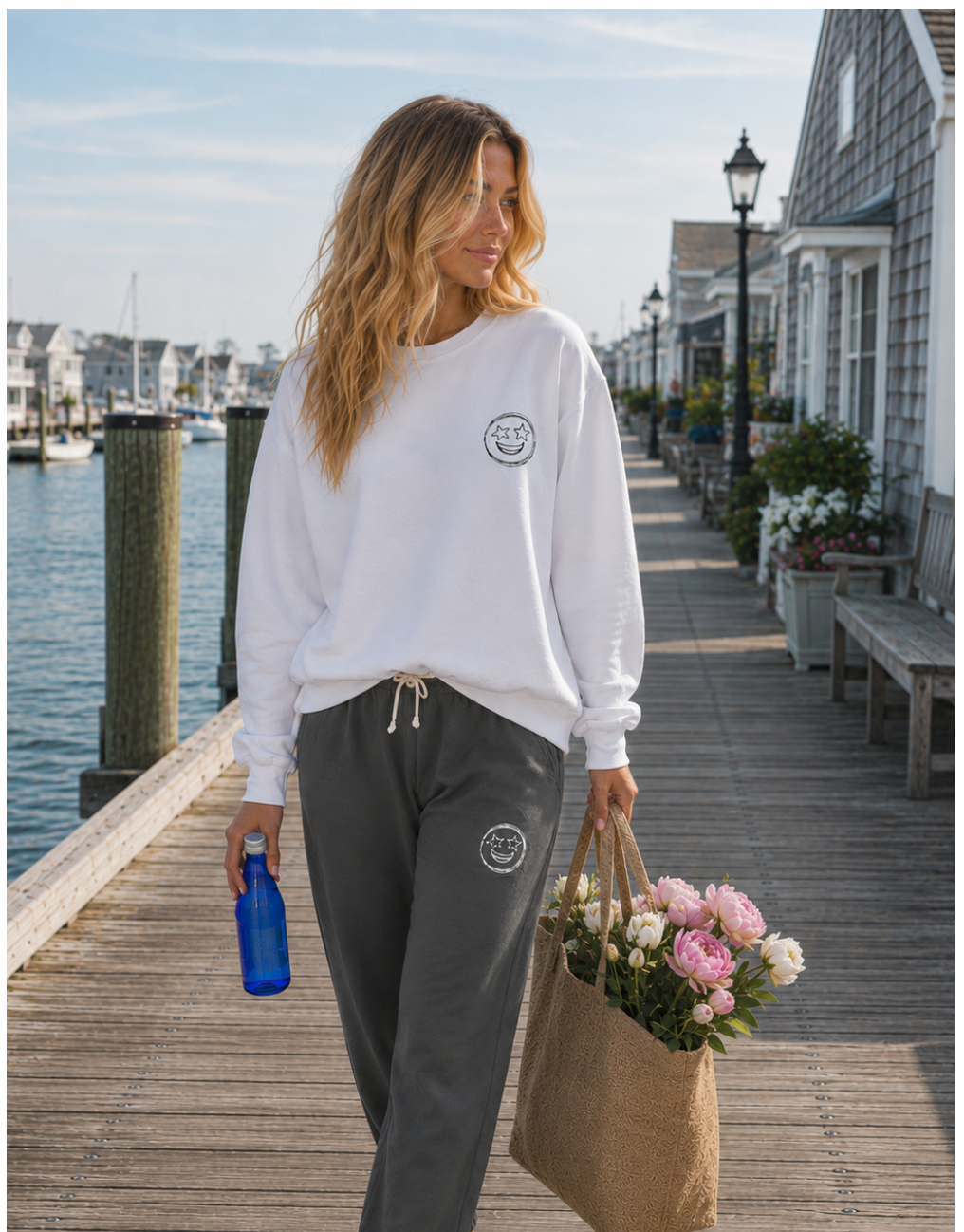 A woman walking on a wooden dock by the water wearing a white crewneck sweatshirt and dark gray jogger sweatpants, both featuring a small circular logo on the chest and thigh. She is carrying a blue water bottle and a jute bag of pink and white flowers.