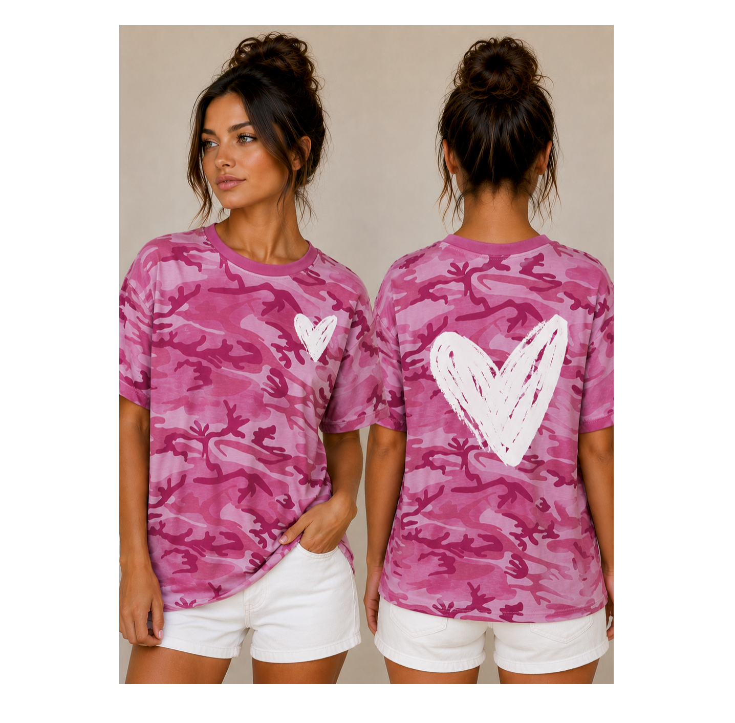 A woman modeling a pink camouflage t-shirt with a white heart graphic, shown from both the front and back views against a solid beige background.