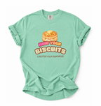 Mint green t-shirt with a graphic of biscuits and text on a white background