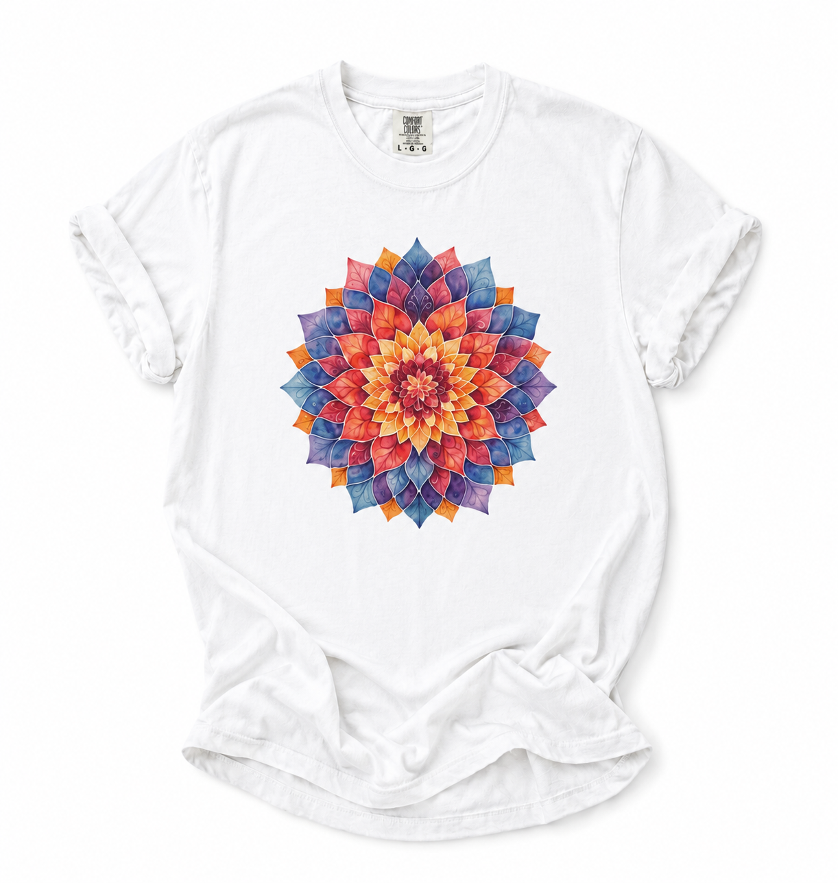 White t-shirt with a colorful mandala design on a white background